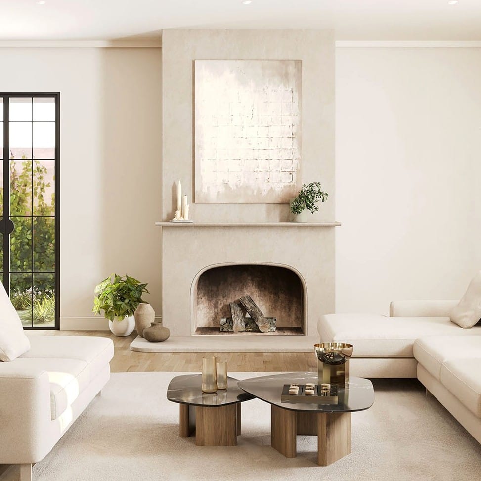 Jasny kominek w stylu francuskim i śródziemnomorskim.