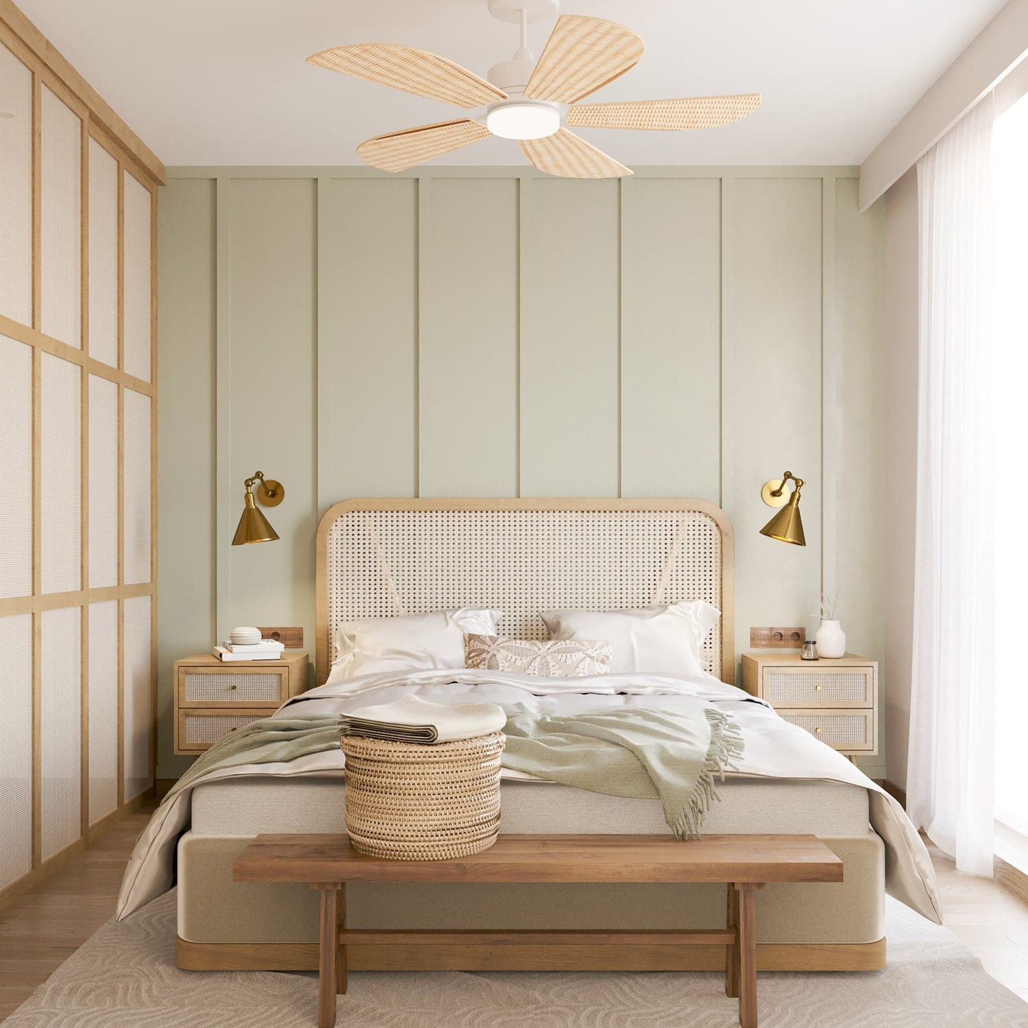 Sypialnia w stylu prowansalskim, wiejskim z przesuwną garderobą z rattanu w Katowicach