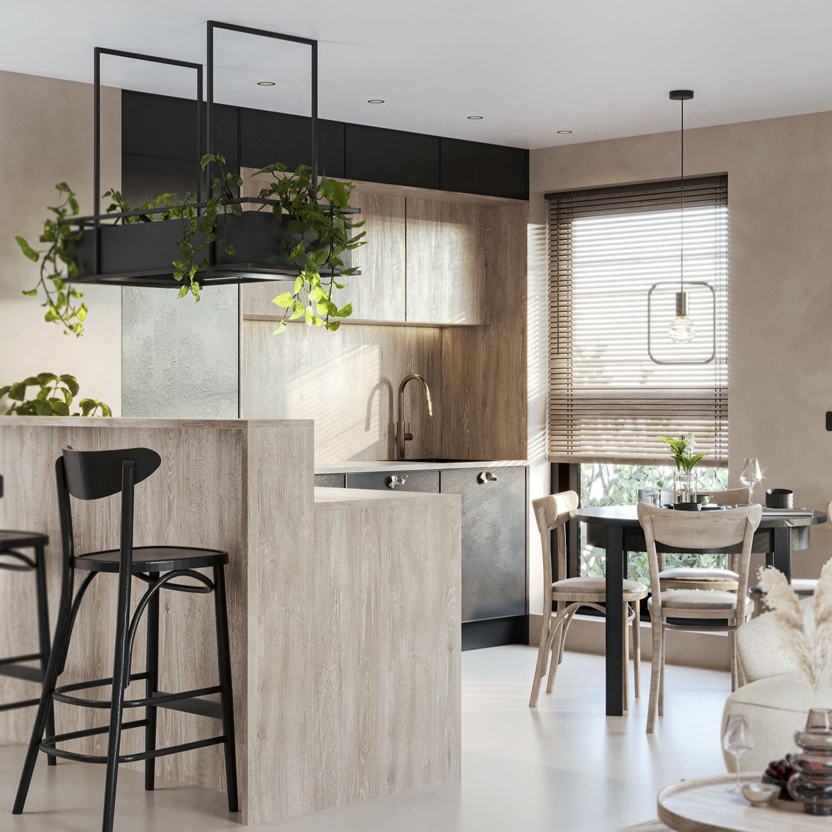 Czarna kuchnia z drewnianymi szafkami wiszącymi i wyspą kuchenną.