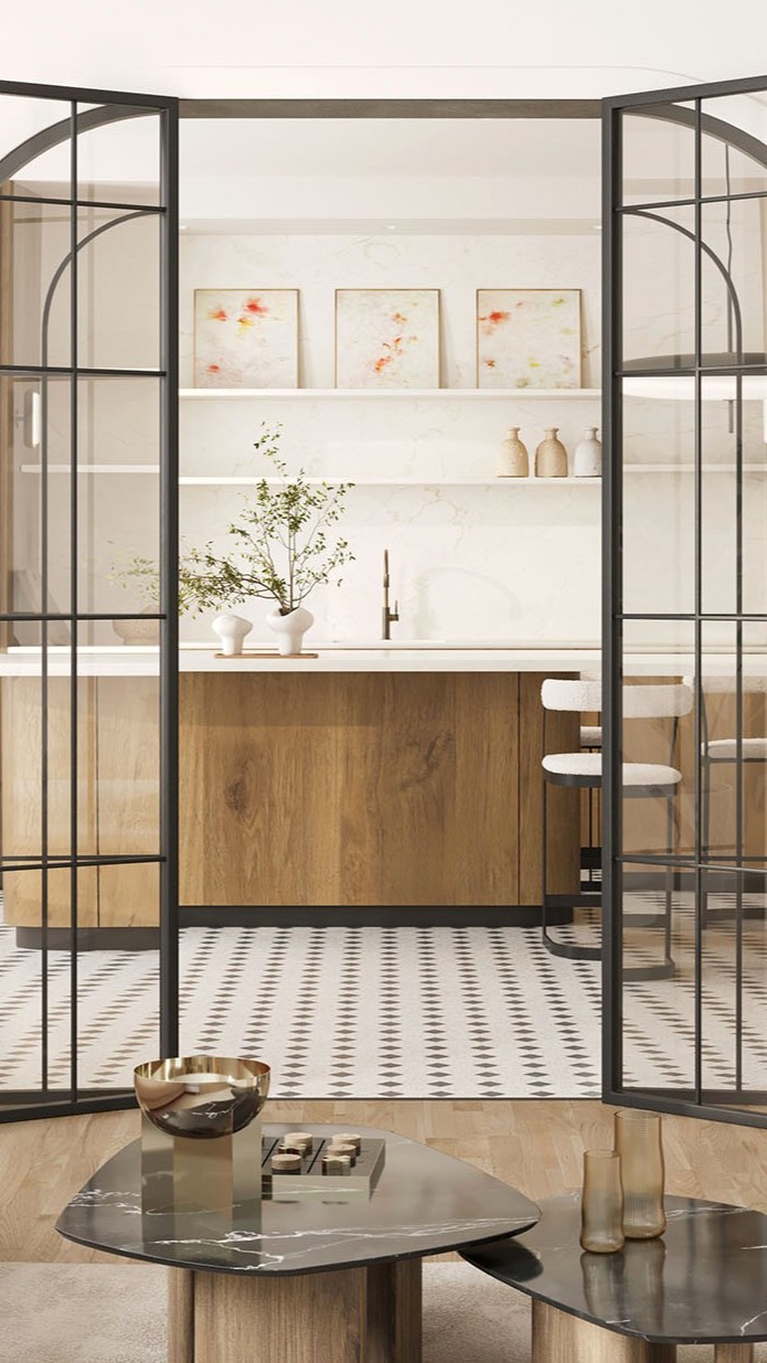 Zaokrąglone drzwi we wnętrzu z czarną ramą stalową w stylu francuskim, eklektycznym.