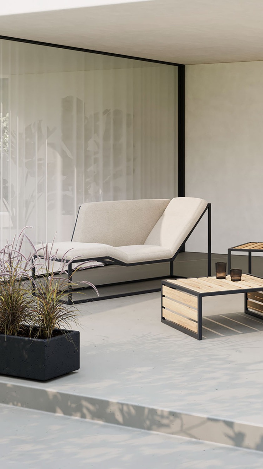 Nowoczesny zestaw , meble tarasowe z czarną konstrukcją i beżową tapicerką.