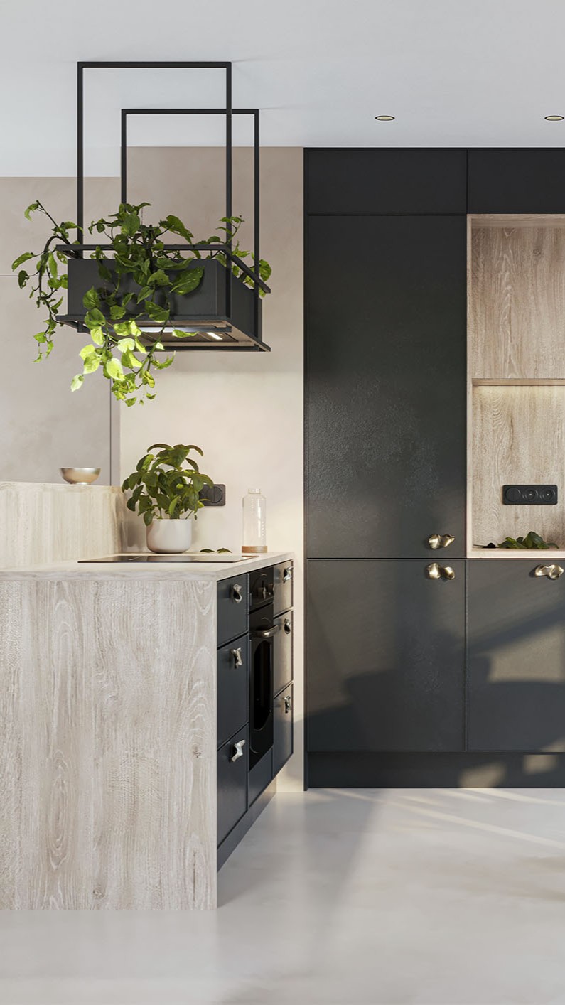 Projekt otwartej, czarnej kuchni i salonu – nowoczesne wnętrze Mikołów
